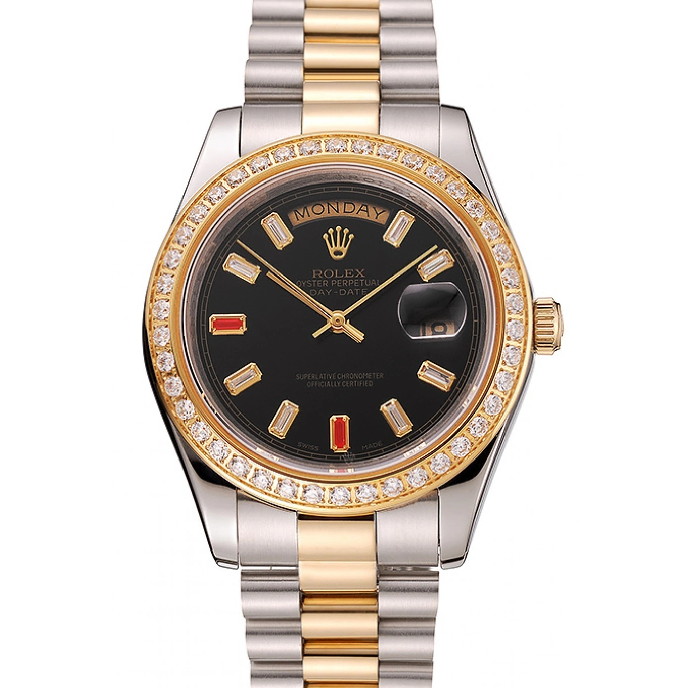 Rolex aaa copy Tone Bracelet Rolex Day-Date Two Black And 1454105 Swiss Dial Rubies Diamonds 1026